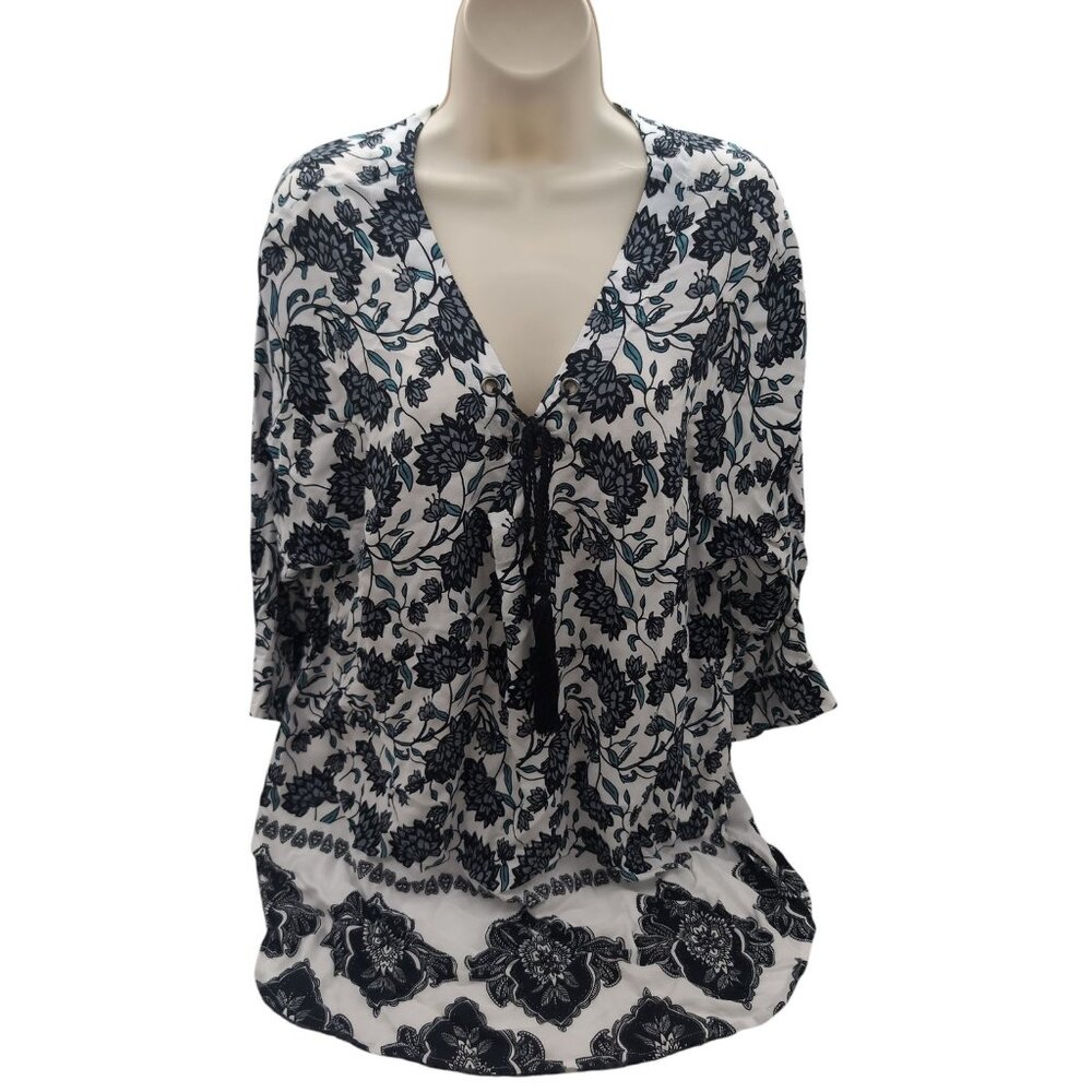 Simply Noelle Shirt Womens 2XL Boho Floral Tunic Top Three Quarter Sleeve